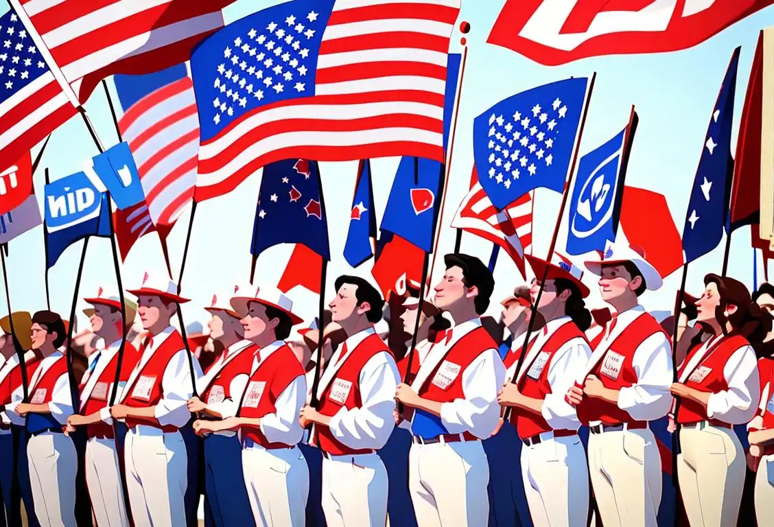 Group of people proudly wearing red, white, and blue outfits, holding signs with the National Committee and Wisconsin Republicans logos, in a festive patriotic parade..