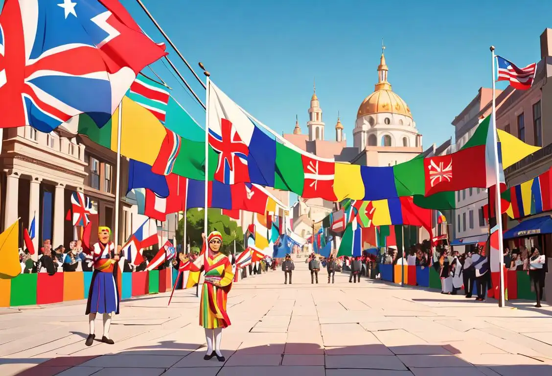 People of diverse cultures embracing national flags, displaying colorful attire, in a vibrant cityscape representing unity and celebration..