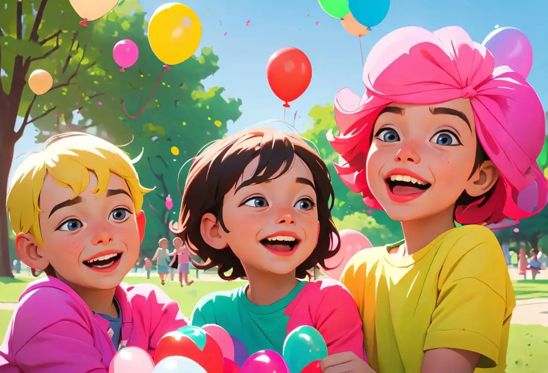 Young children laughing together in a park, dressed in vibrant and playful outfits, surrounded by colorful balloons..