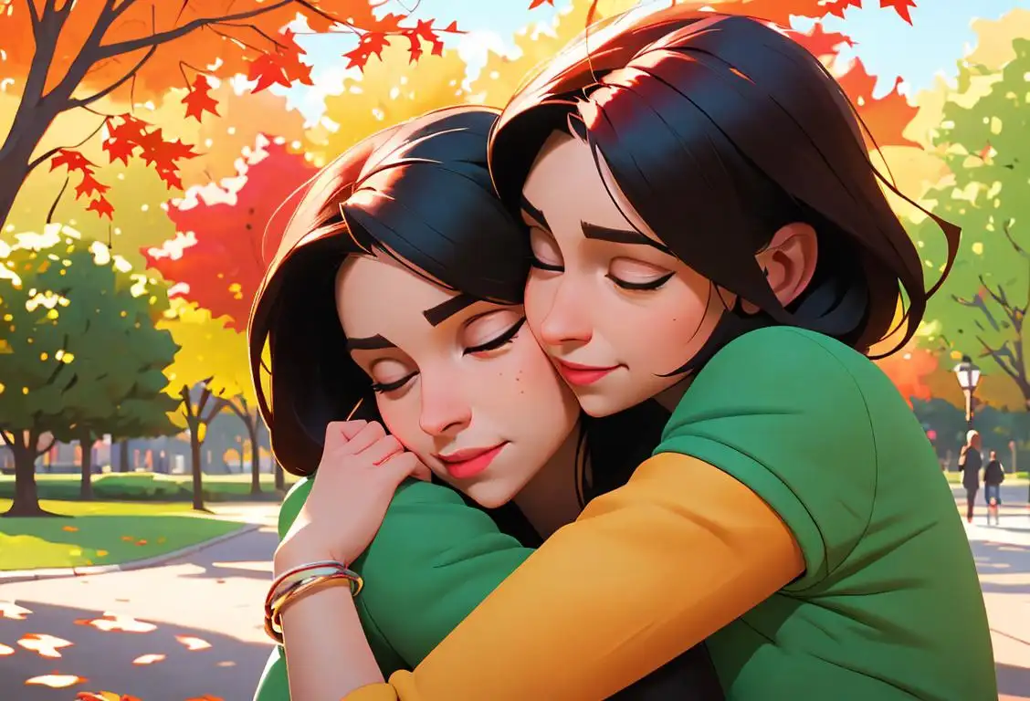 Two friends, one wearing matching friendship bracelets, sharing a warm hug in a park surrounded by vibrant autumn foliage..