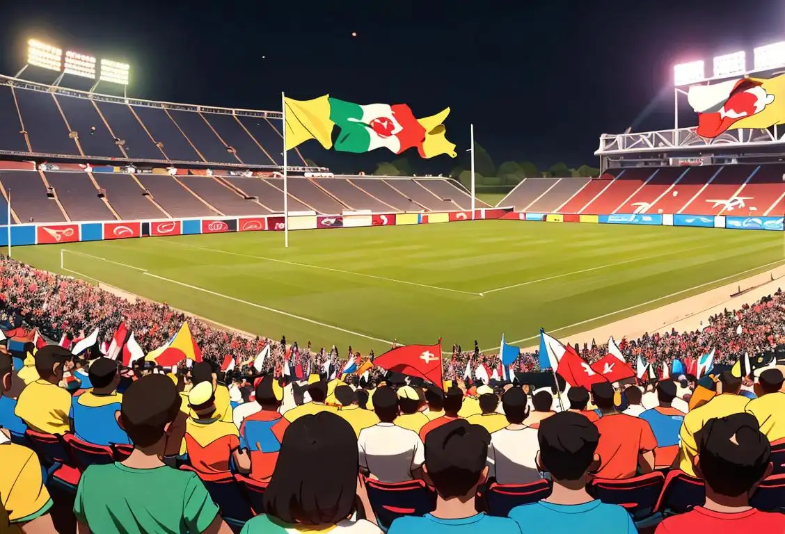 Excited crowd at a stadium, waving flags and wearing various team merchandise, filled with anticipation and energy, surrounded by vibrant stadium lights..