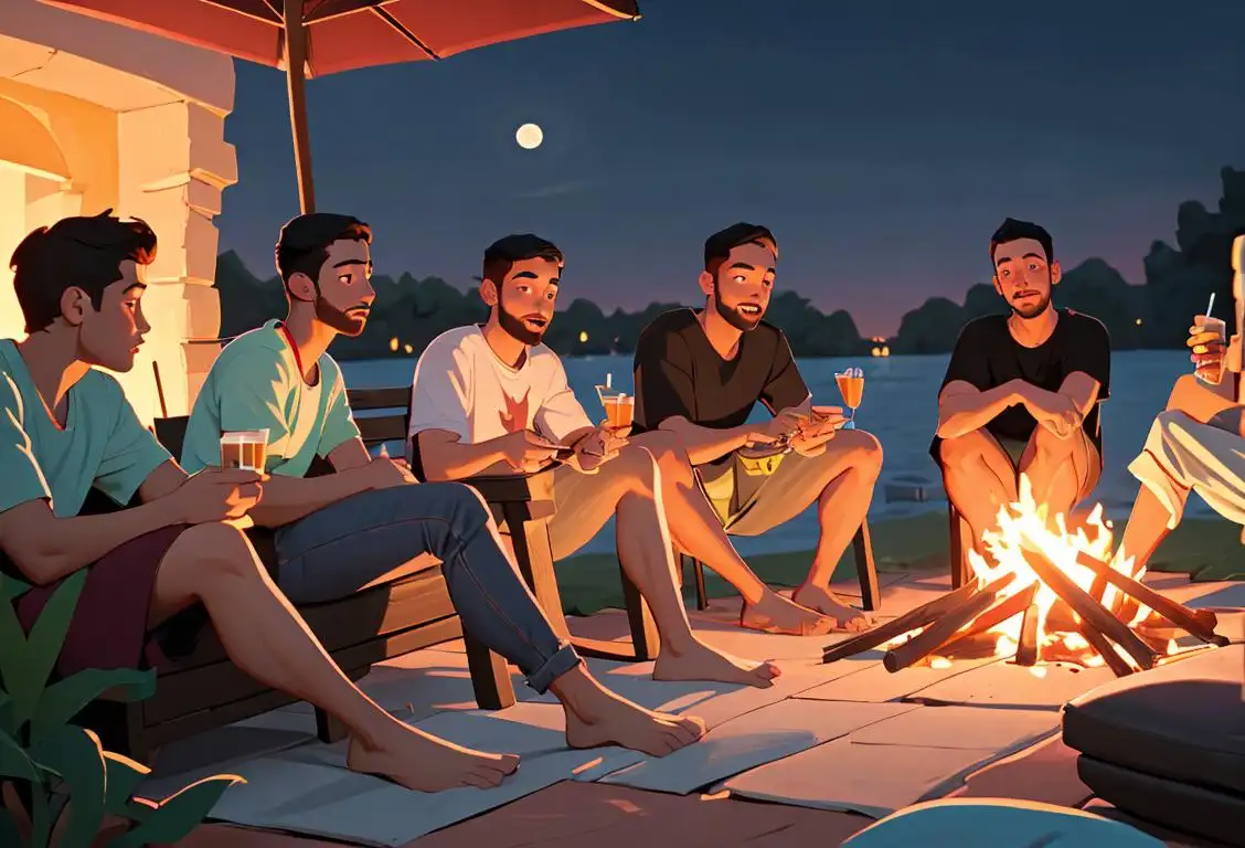 A group of diverse friends lounging around a bonfire on a summer night, wearing casual clothes, and enjoying snacks and drinks together..