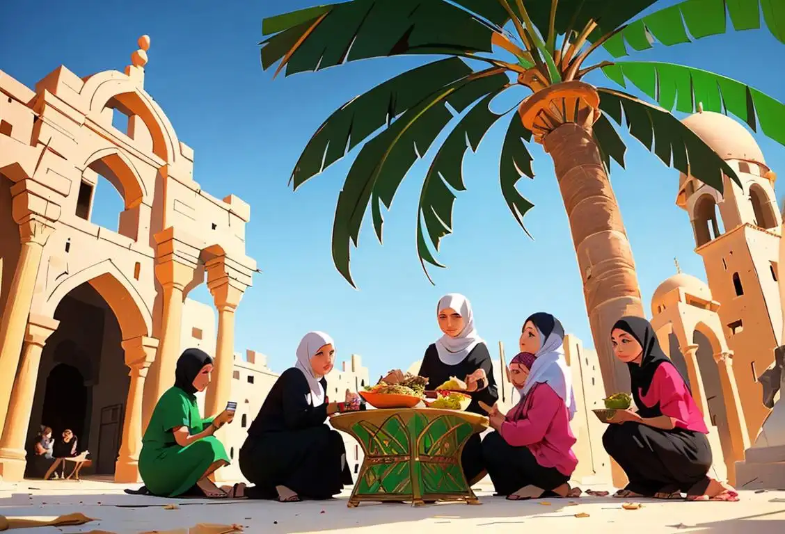 Group of people of diverse backgrounds, enjoying traditional Palestinian cuisine, wearing colorful traditional clothes, surrounded by palm trees and ancient architecture..