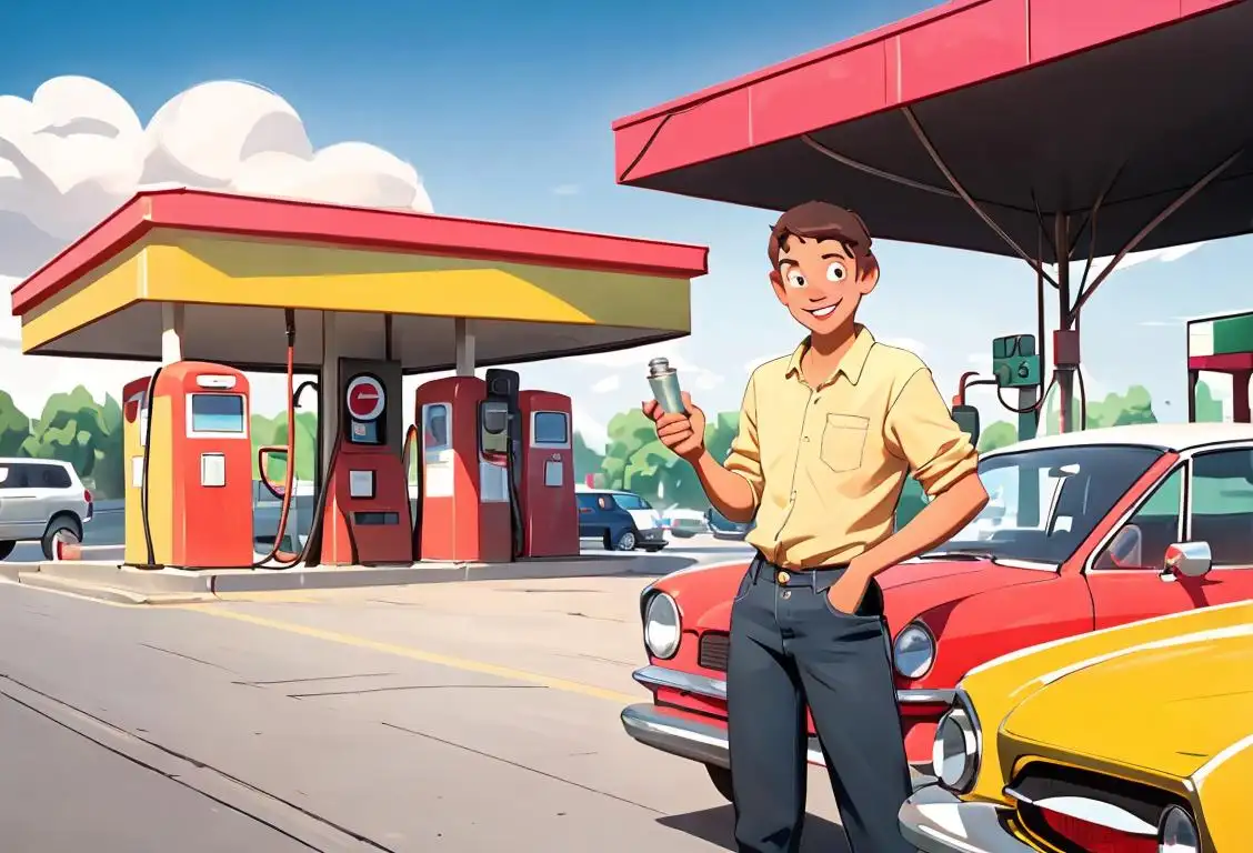 A cheerful person at a gas station, wearing casual clothes, surrounded by a variety of fuel pumps and smiling customers..