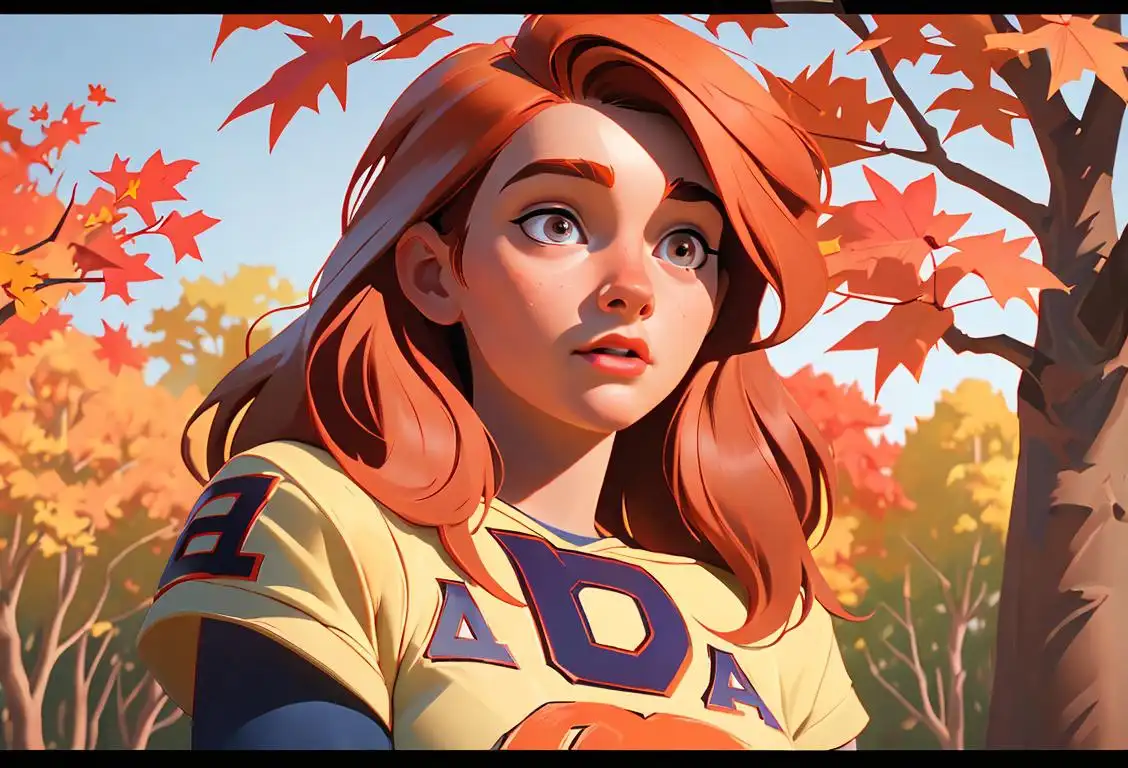Young person with vibrant auburn hair, wearing an Auburn University jersey, surrounded by autumn leaves and holding a paintbrush..