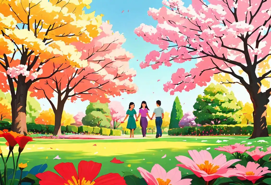 A diverse group of people joining hands, embracing each other, with a background of colorful flowers and a serene park setting..