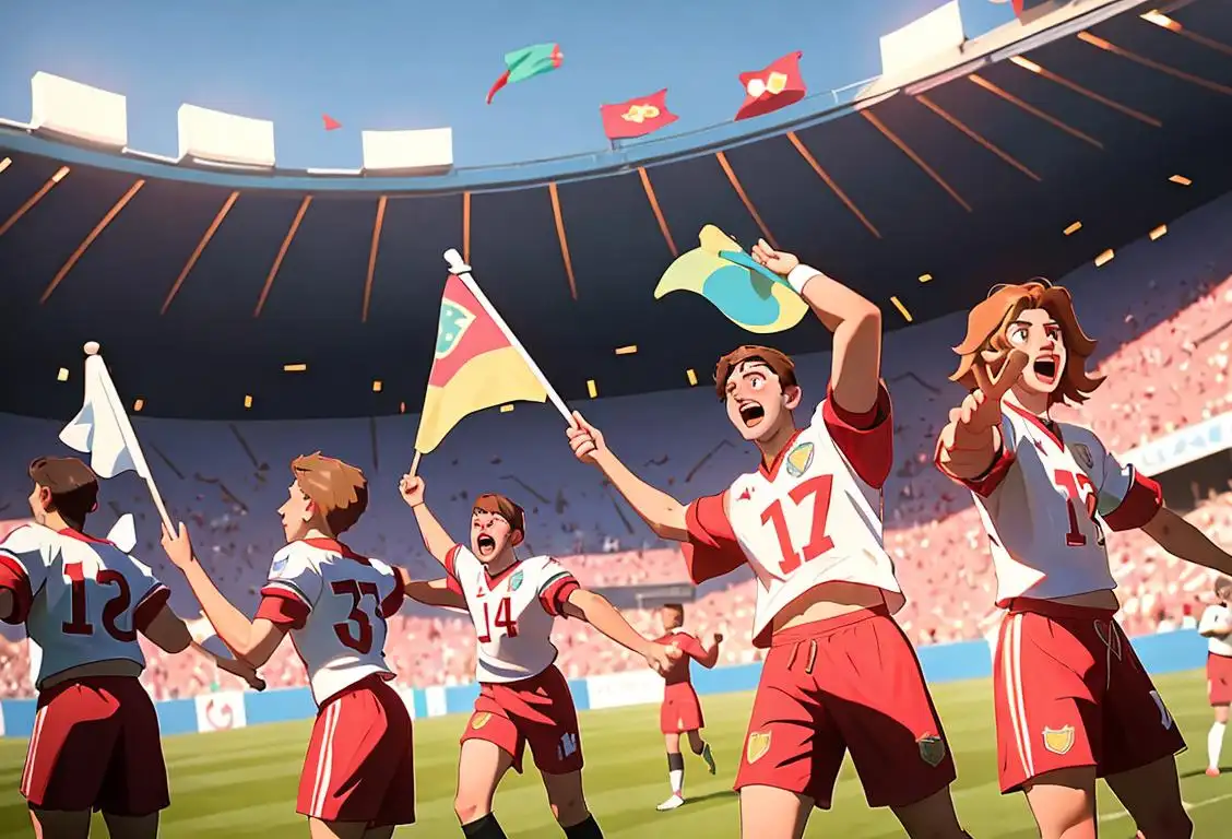 A group of excited football fans in team jerseys, cheering and waving flags, with a stadium in the background..