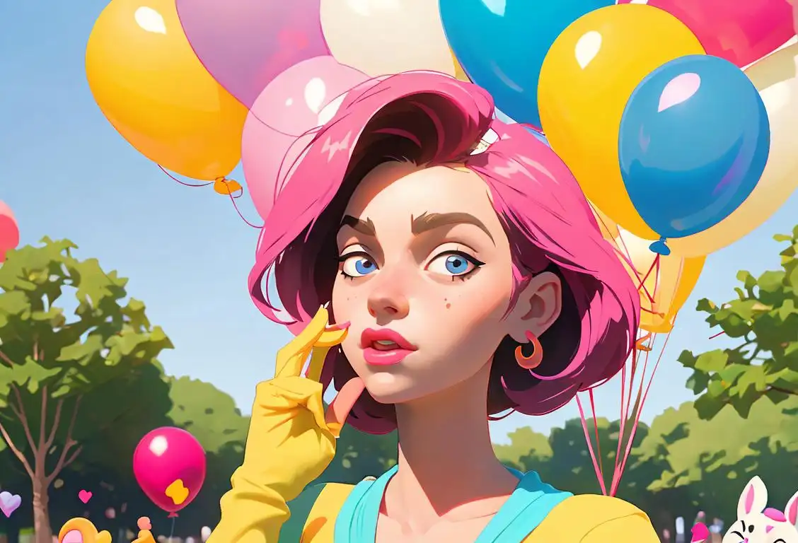 Young woman holding a sign that says 'I love Fran' in a lively park surrounded by colorful balloons, wearing a trendy outfit with a touch of whimsy.