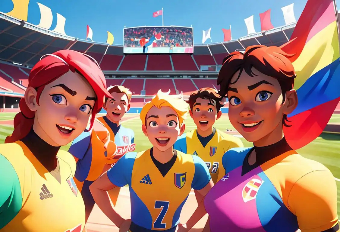 Cheerful group of diverse individuals wearing matching team jerseys, posing in front of a sports stadium, with energetic atmosphere and colorful flags waving in the background..