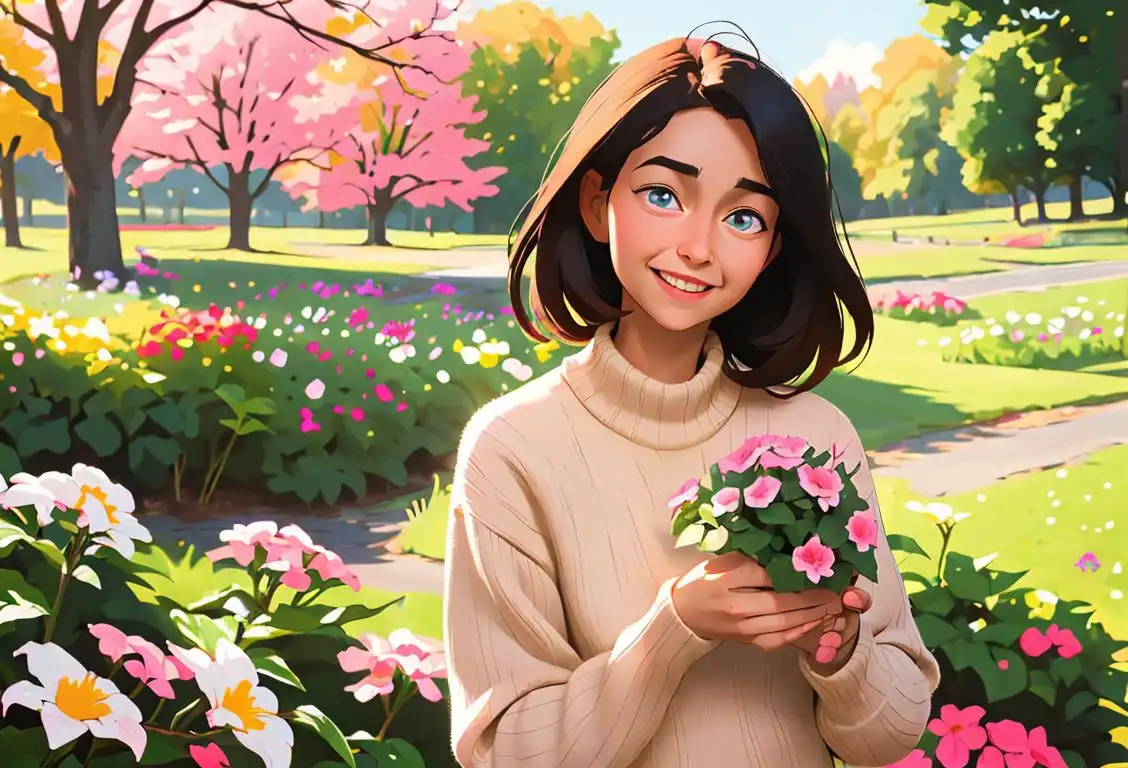 A caring individual with a heartwarming smile, wearing a cozy sweater, surrounded by flowers and comforting nature..