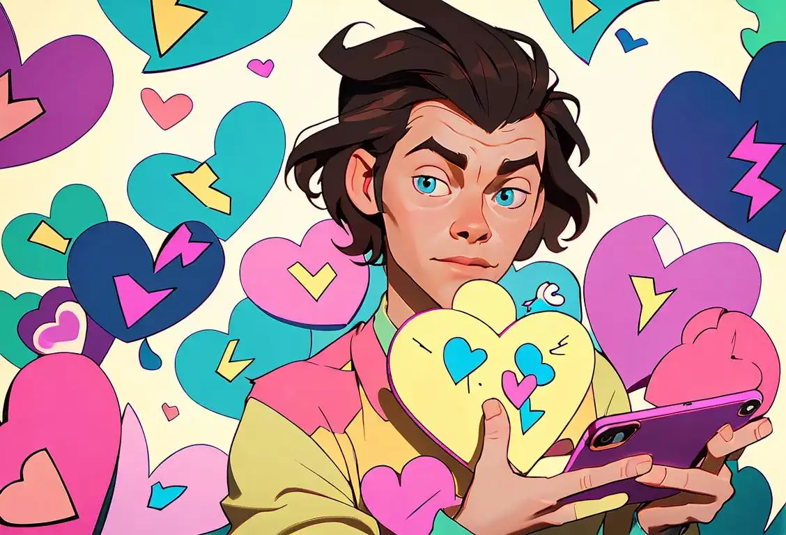 Young person holding a smartphone, with a trending hashtag about Harry Styles, surrounded by colorful hearts and flying tweets..