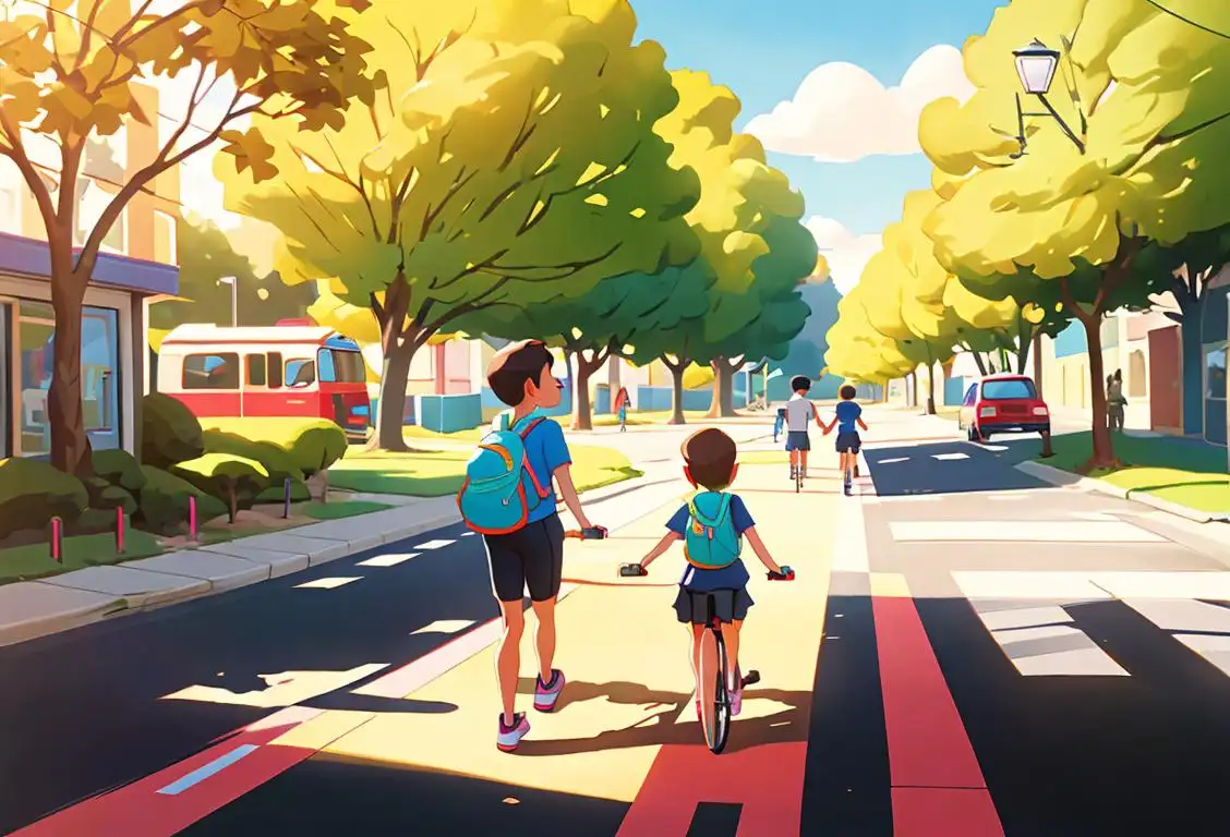 Children walking or biking to school on a sunny day, wearing colorful backpacks, sneakers, and their favorite cartoon character t-shirts, accompanied by parents and crossing guards..