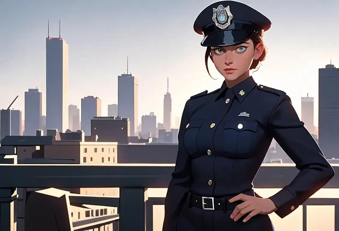 Young police woman in uniform, standing confidently with a police hat, a city skyline in the background..