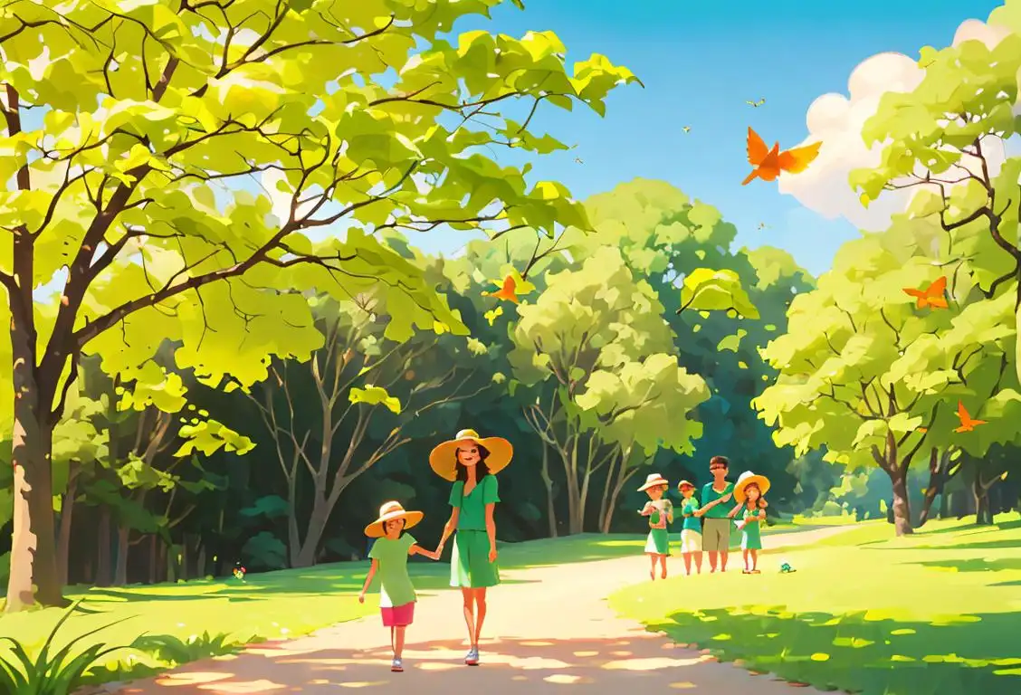 Happy family hiking through a lush green national park, wearing sunhats and brightly colored summer outfits, surrounded by towering trees and chirping birds..