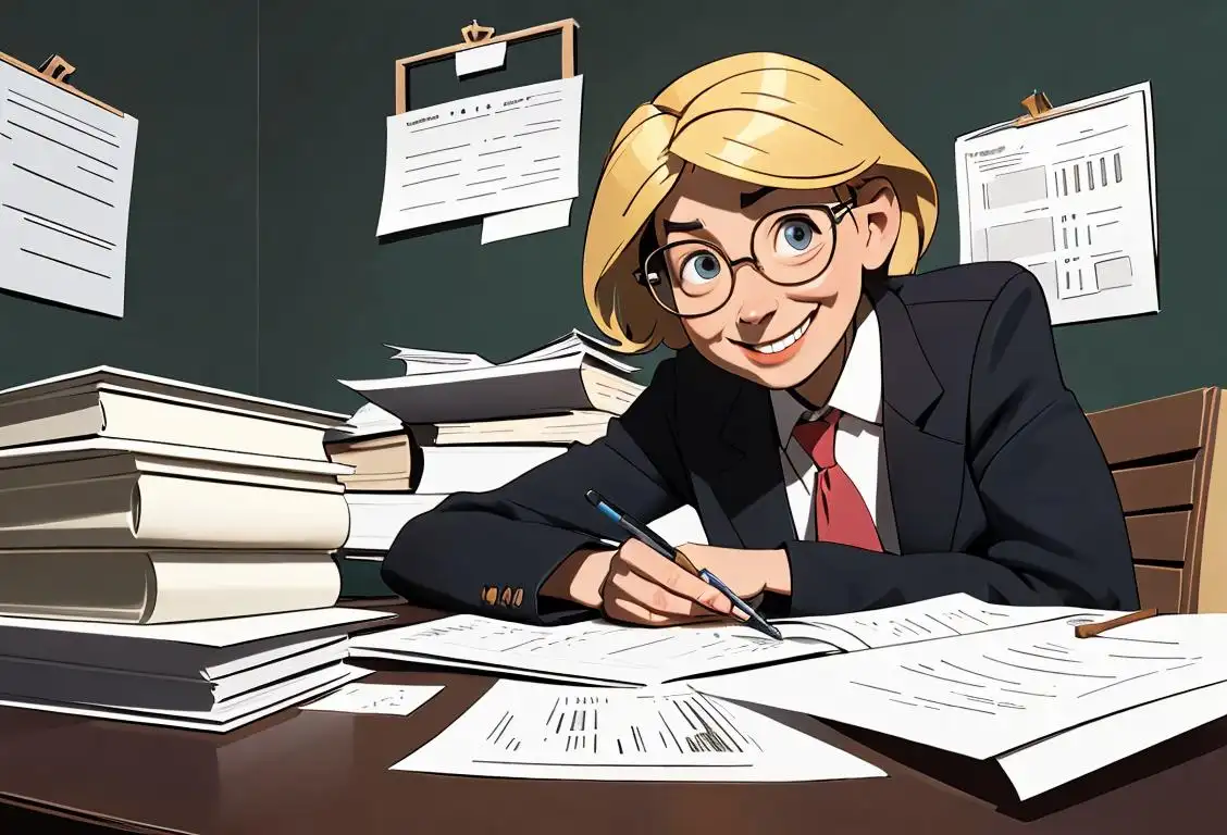 A person sitting at a desk, surrounded by stacks of paperwork, calculator in hand, with a smile on their face..