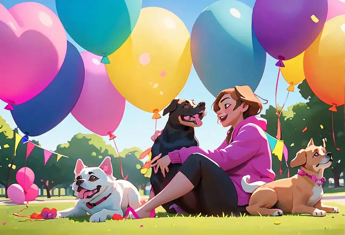 A group of diverse people of all ages playing and cuddling with adorable dogs in a park, with colorful balloons and streamers in the background..