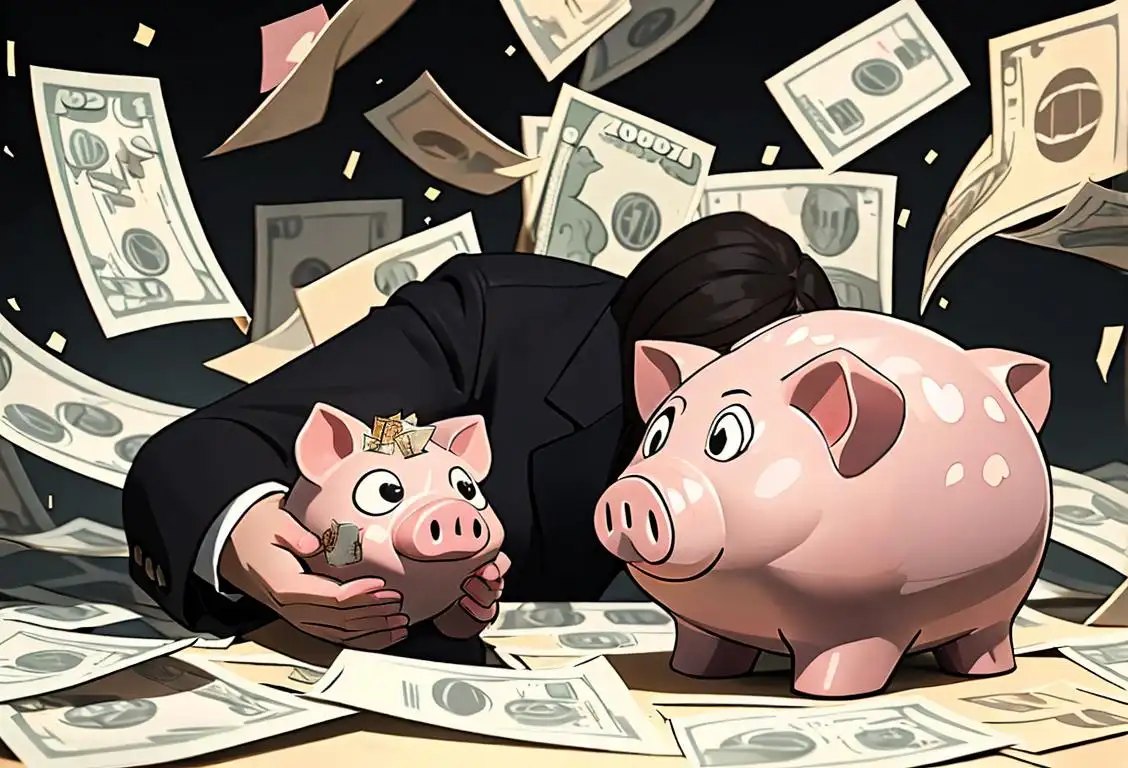 A person holding a piggy bank, wearing a business suit, surrounded by money raining down..