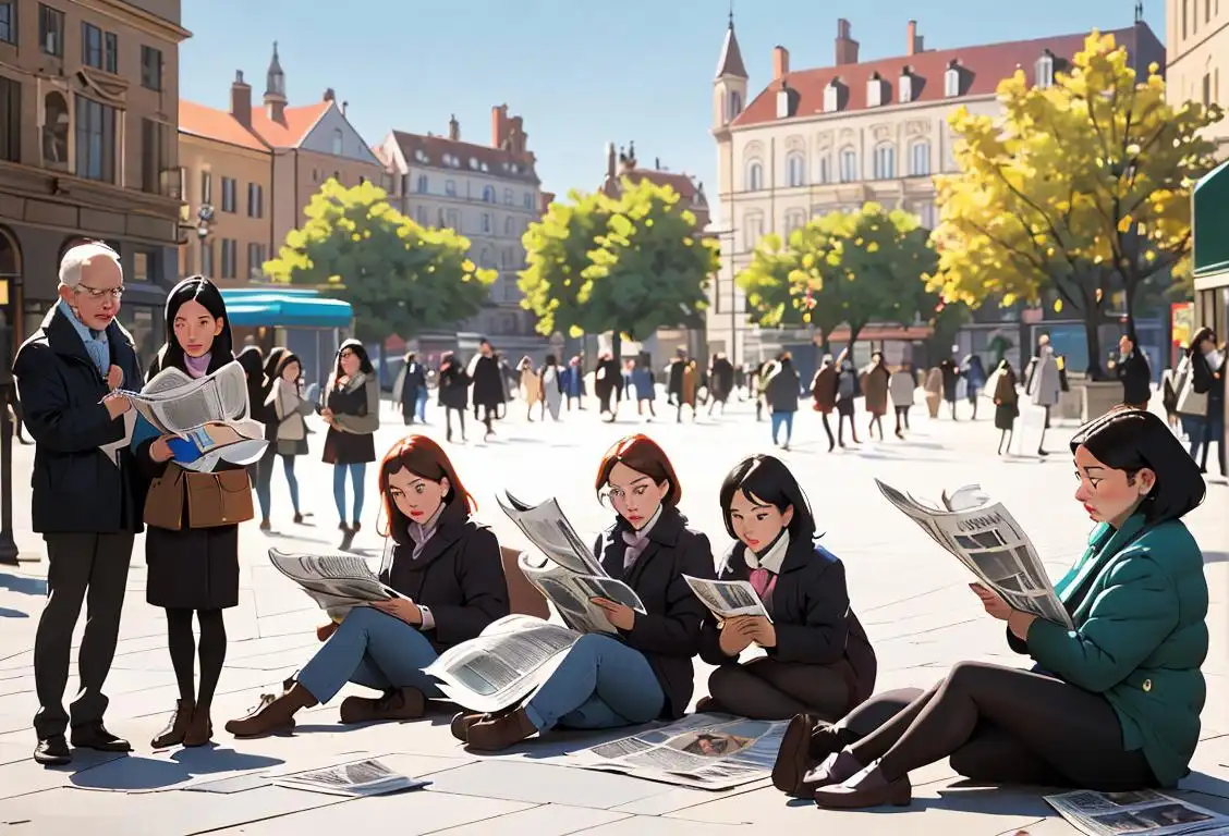 A diverse group of people reading newspapers in a vibrant city square, embracing their curiosity for knowledge..