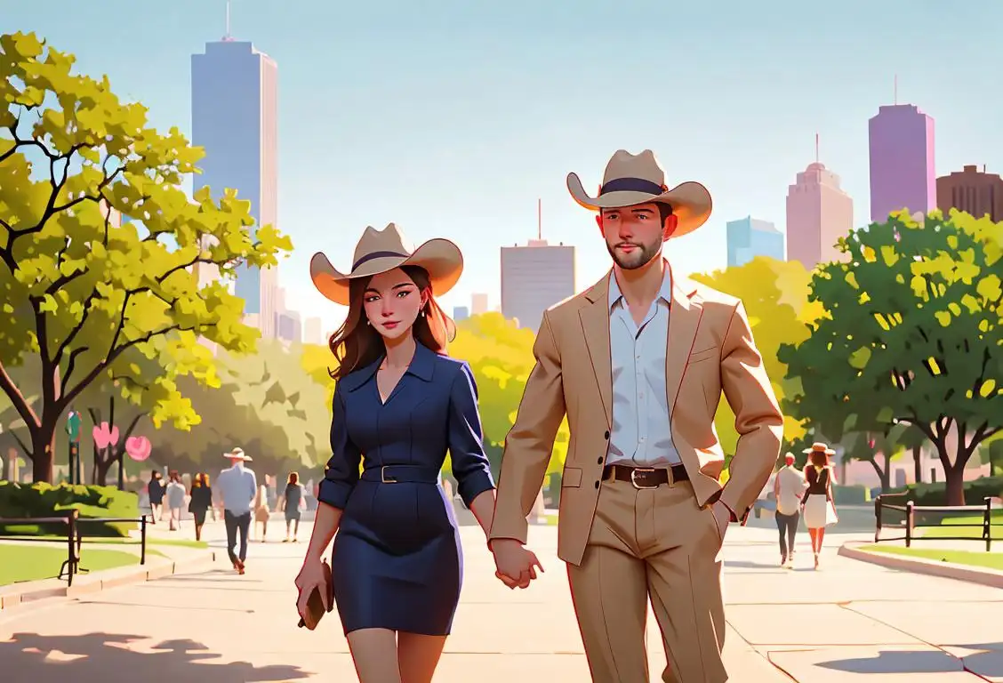 Young couple strolling through a Houston park, wearing cowboy hats, colorful Texas fashion, bustling cityscape in the background..