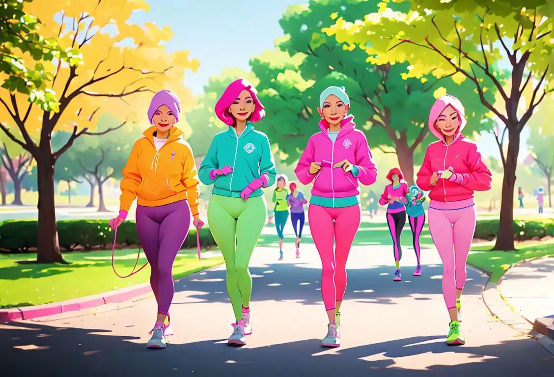 A group of diverse individuals wearing colorful activewear, participating in a cancer prevention walkathon in a scenic park..