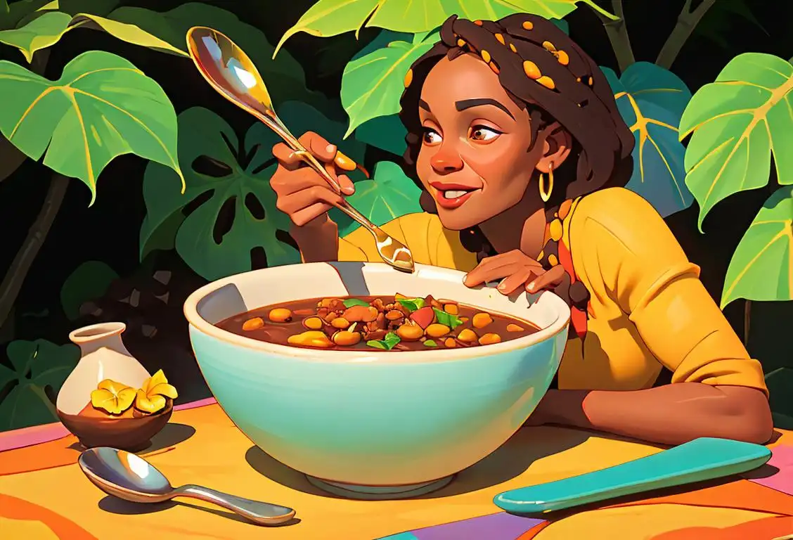 A joyful person, holding a hot bowl of stew peas with a large spoon, surrounded by vibrant Caribbean colors and tropical foliage..