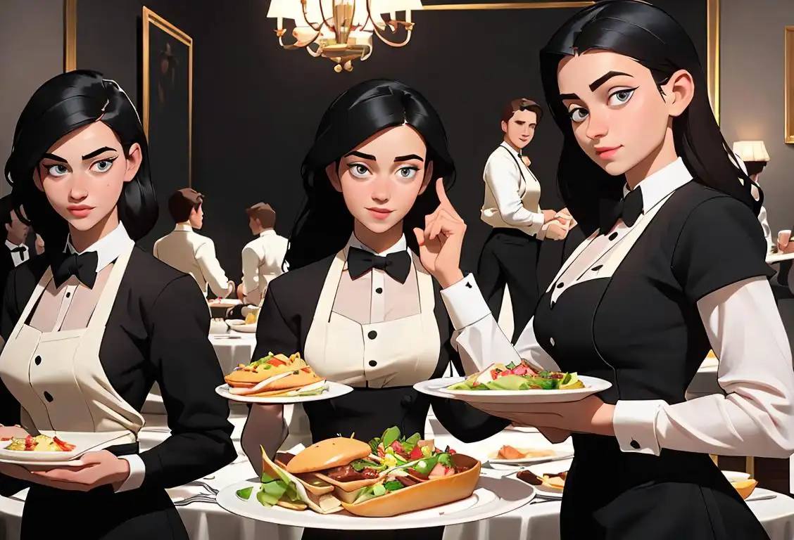Celebratory image of a team of waiters and waitresses with trays of food, dressed in professional attire, in a bustling restaurant setting..