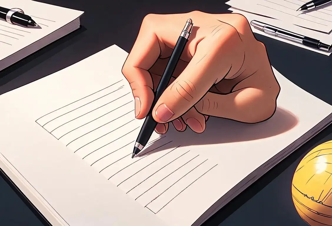 A hand holding a ball point pen, writing on a vibrant notebook, in a modern office setting..