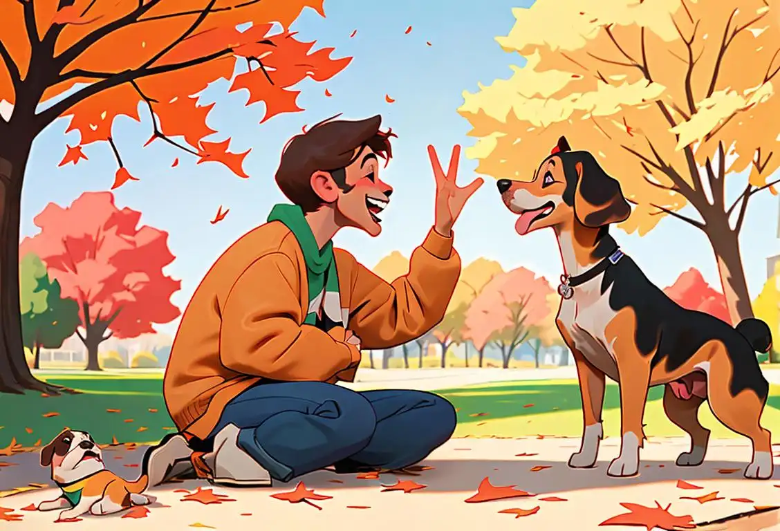 Two friends laughing and having a great time while a charming beagle dog joins them, outdoors in a vibrant park setting with colorful autumn leaves..