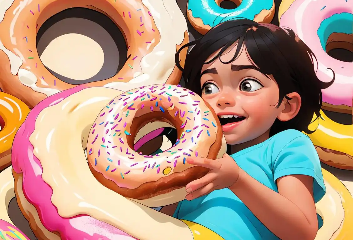 A young child joyfully holding a doughnut, wearing a colorful sprinkled shirt, surrounded by a bright and cheerful bakery scene..