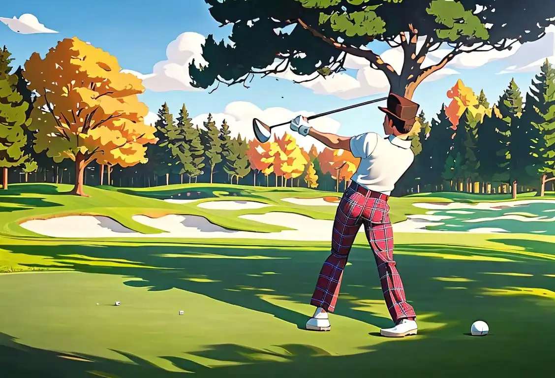 A golfer in plaid pants swinging a club on a picturesque golf course, surrounded by majestic trees and a clear blue sky..