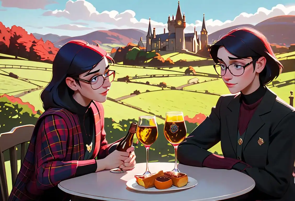 Young adults toasting with glasses of Buckfast wine, dressed in vibrant Scottish attire, picturesque Scottish countryside setting..