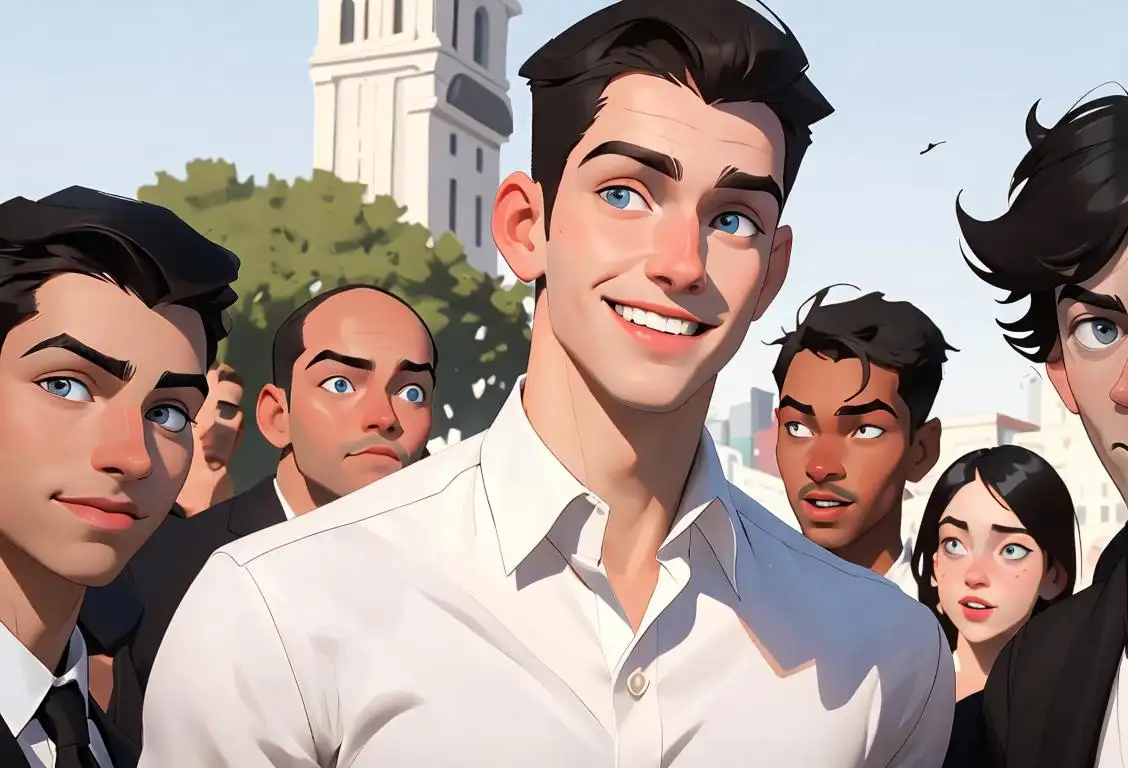 Young man with a radiant smile, wearing a stylish white shirt, modern urban setting, surrounded by diverse group of friends..