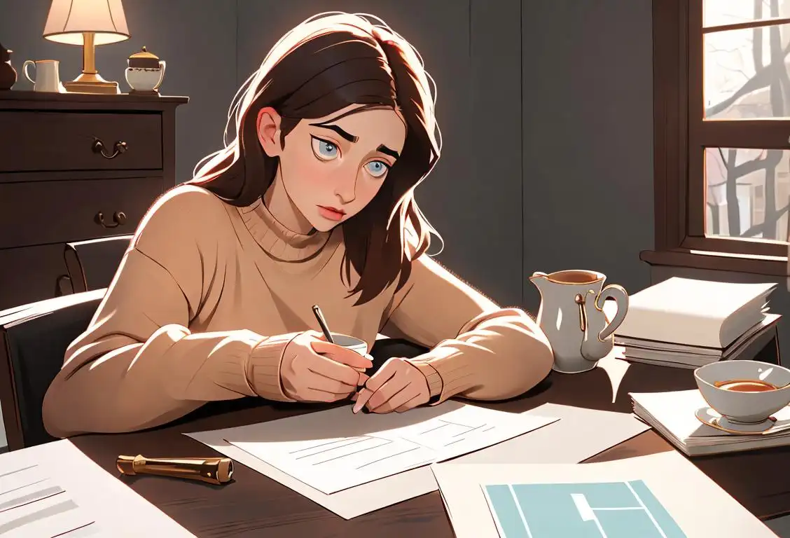 Young woman holding a checklist, wearing a cozy sweater, cozy home setting, surrounded by scattered papers and a cup of tea..