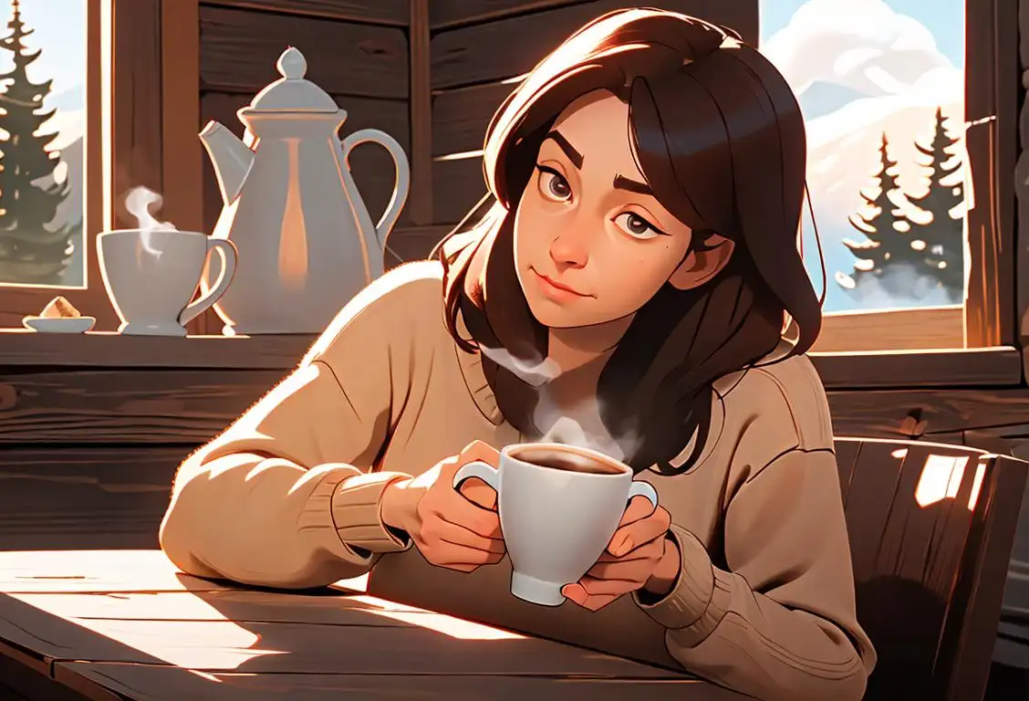 A person holding a steaming cup of coffee, wearing cozy knit sweater and enjoying a peaceful morning in a rustic cabin..