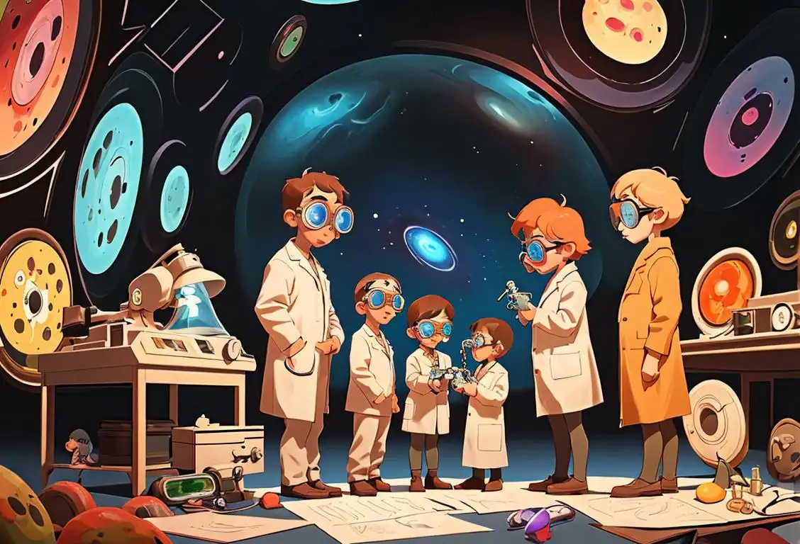 A group of diverse children in colorful lab coats and safety goggles, exploring the wonders of the universe, surrounded by scientific tools and equipment..