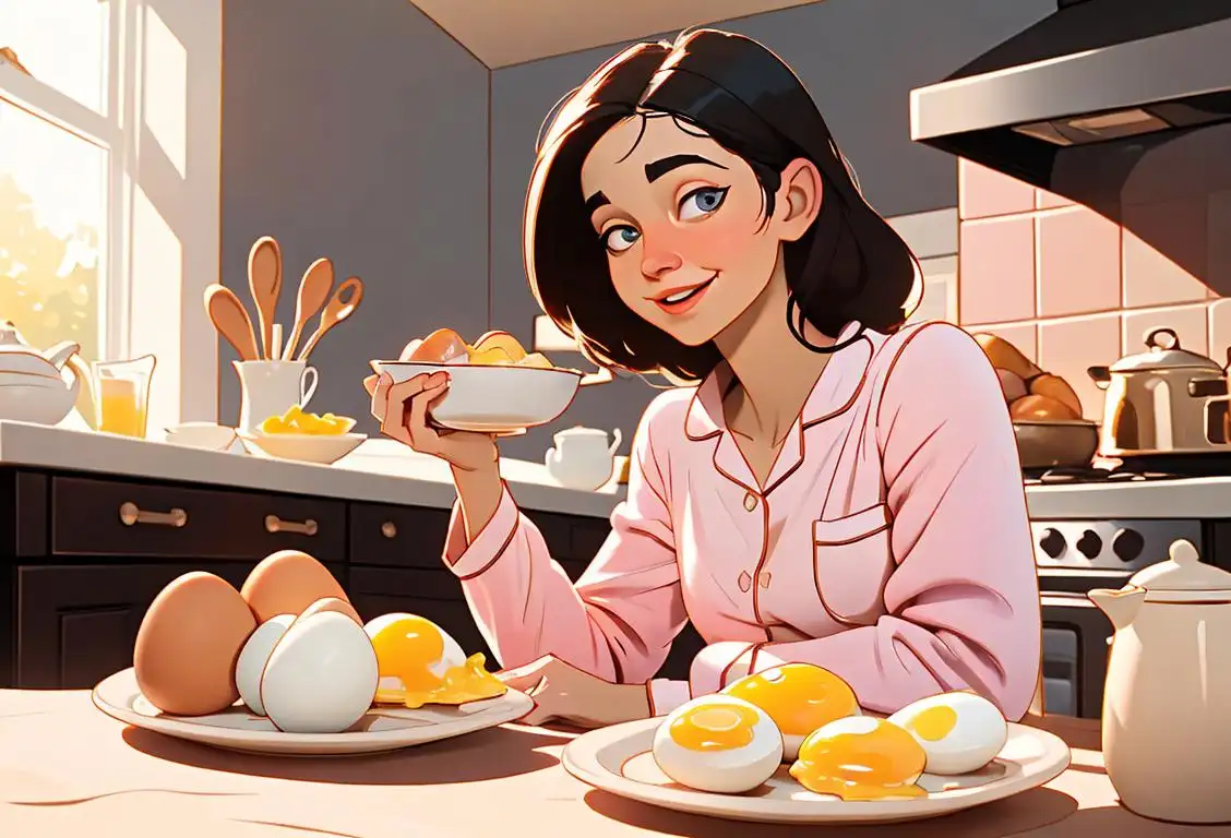 Happy morning vibes! Young woman enjoying a hearty breakfast with sunny-side up eggs, wearing cozy pajamas, cozy kitchen setting..
