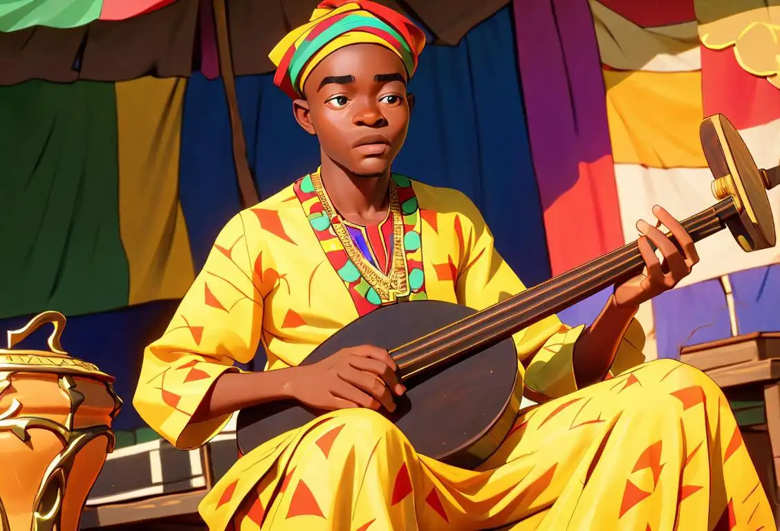 Young man playing traditional Cameroonian musical instrument, wearing colorful African attire, vibrant market scene in Cameroon..