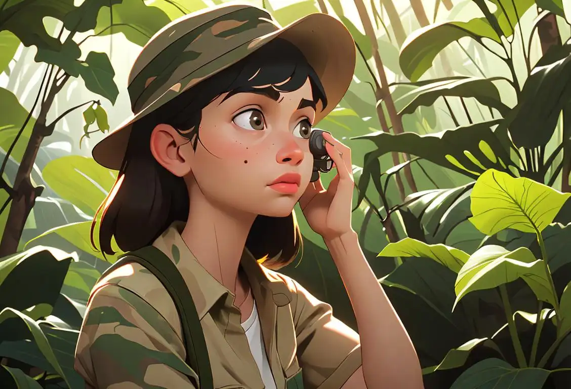 Young girl exploring a lush rainforest with binoculars while wearing a safari hat and khaki clothing, surrounded by exotic wildlife..