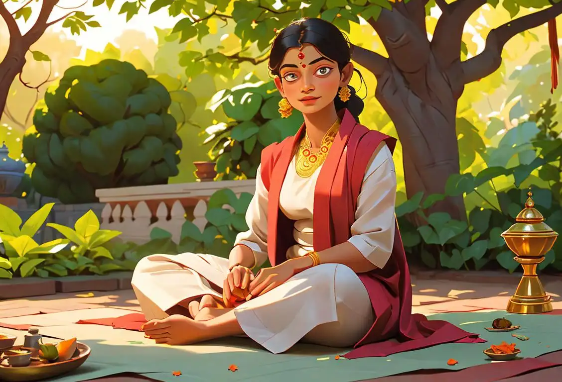 A person wearing traditional Indian clothing, surrounded by Ayurvedic herbs and spices, in a peaceful garden setting..