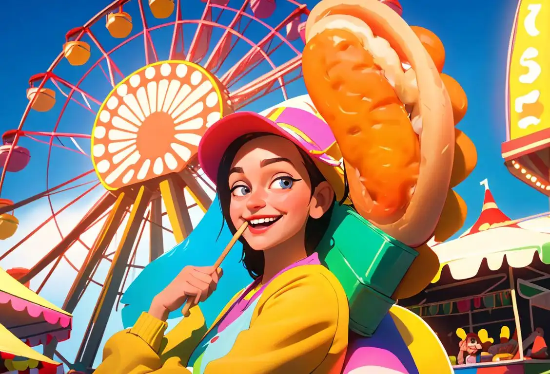 Happy person at a carnival, enjoying a corndog, wearing a colorful outfit, surrounded by laughter and Ferris wheel lights..