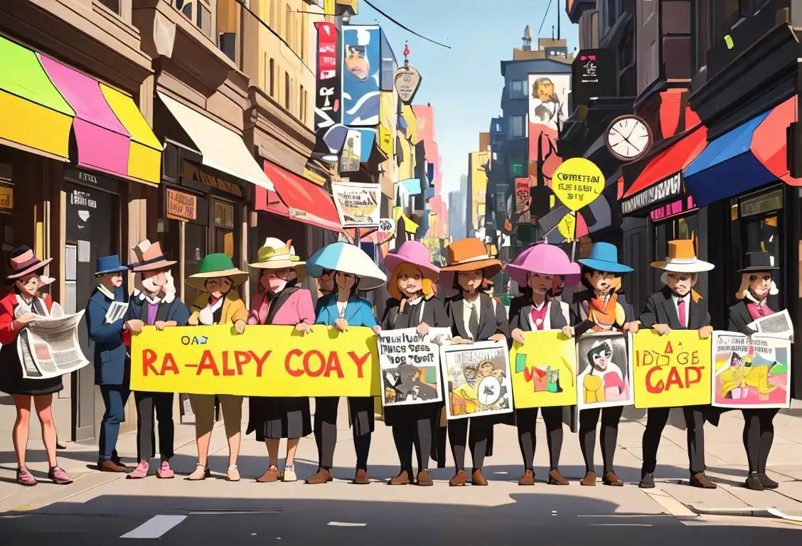 A diverse group of people wearing colorful hats and holding signs with crossed out newspapers, standing in a vibrant city street..