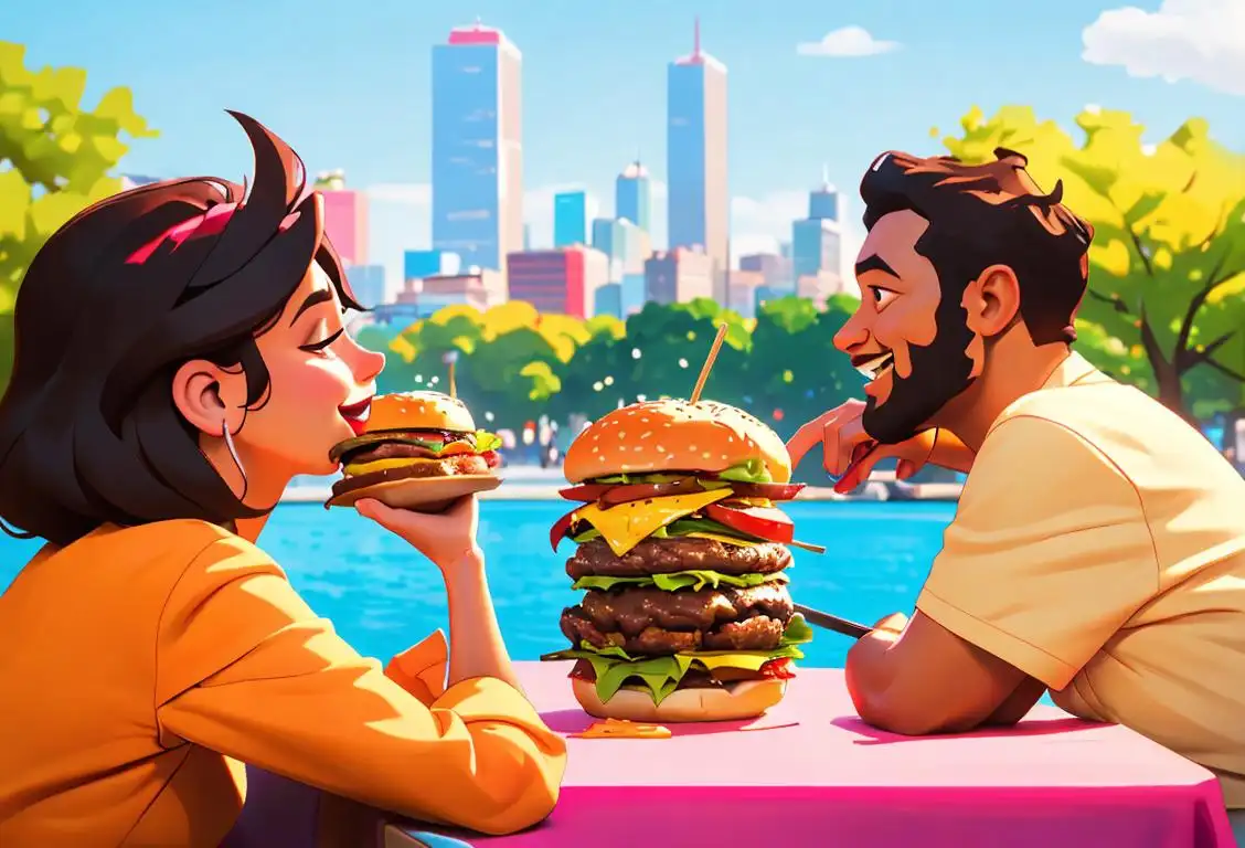 Happy diverse group of people enjoying delicious burgers at a vibrant outdoor burger festival, wearing bright summer clothes, with a city skyline in the background..