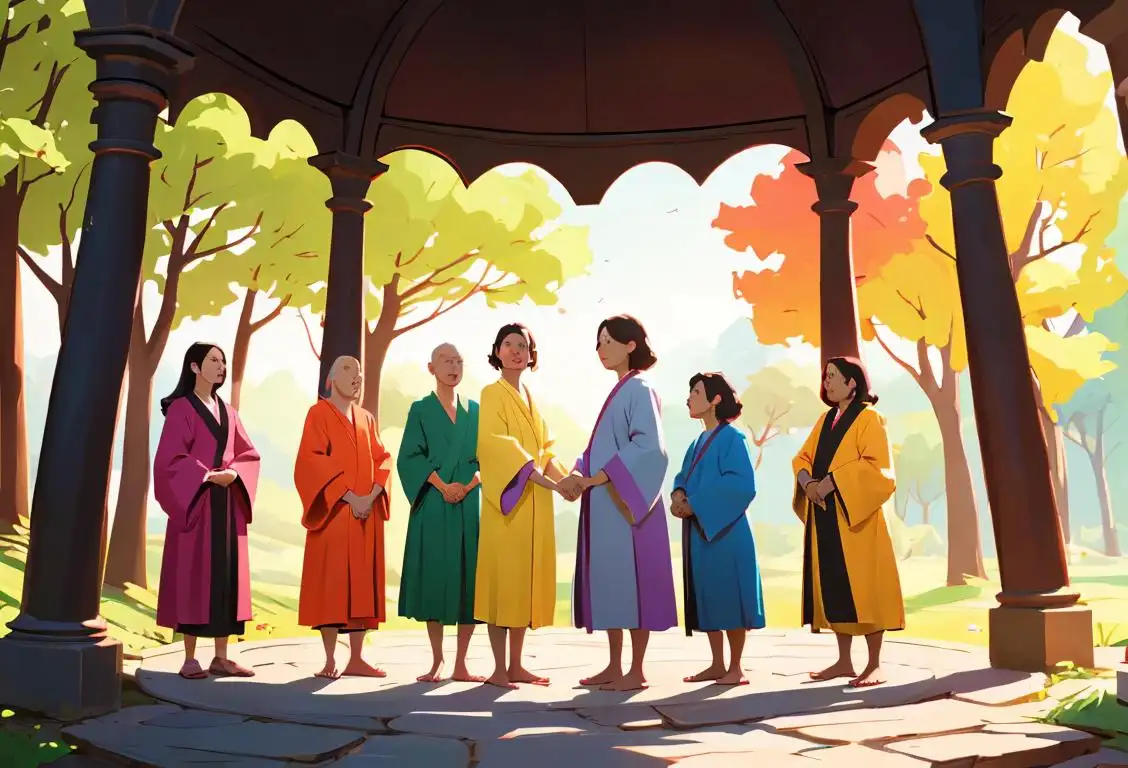 A diverse group of people wearing colorful robes and holding hands, standing in a circle surrounded by nature..