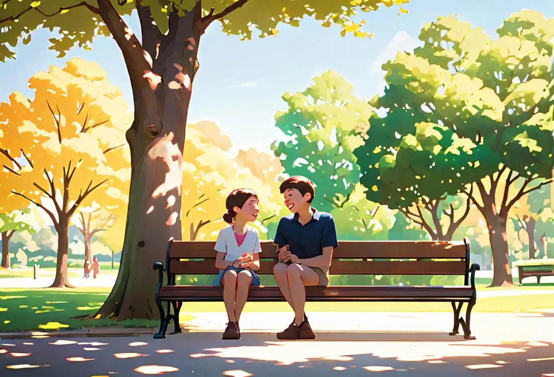 Two smiling second cousins embracing each other, wearing casual clothing, sitting on a sunny park bench surrounded by trees..