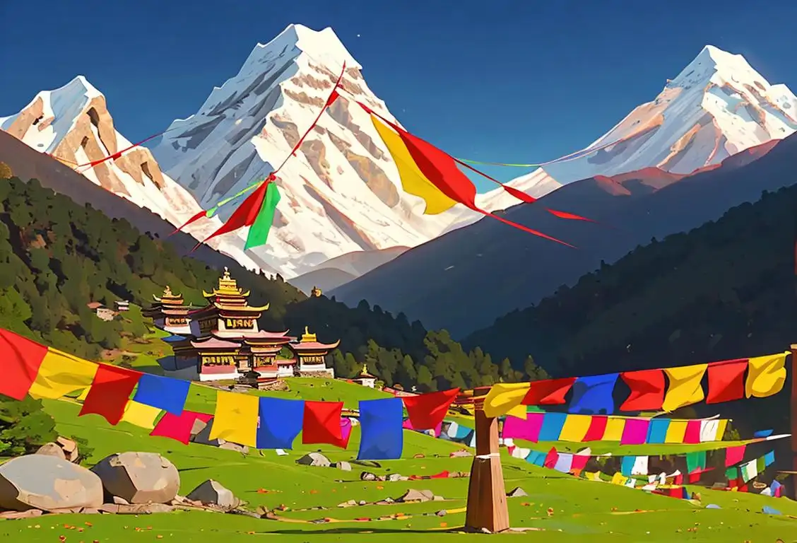 A group of people in traditional Bhutanese clothing, surrounded by breathtaking mountain scenery and colorful prayer flags..