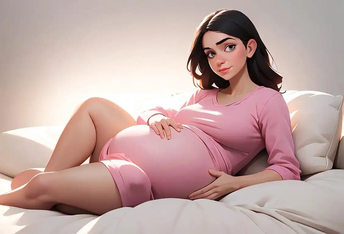 Pregnant woman cradling her baby bump, dressed in comfortable maternity clothes, surrounded by baby items and a soft, serene nursery setting..