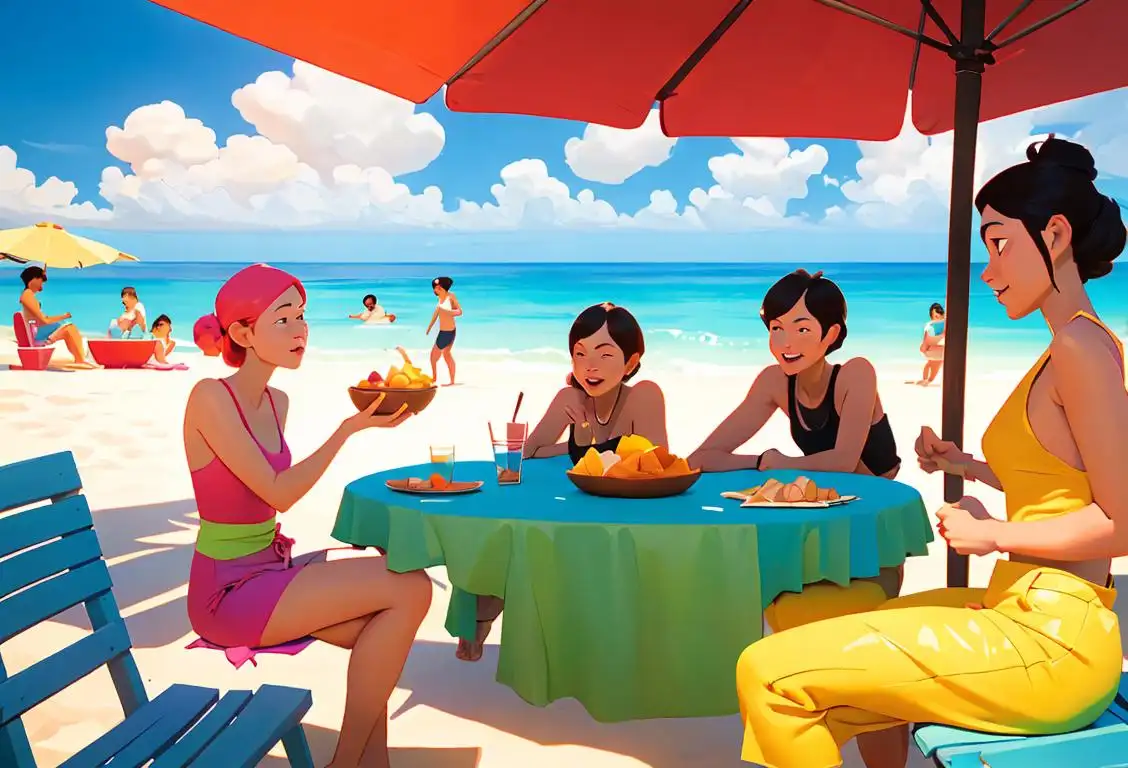 Group of people enjoying a bowl of binignit, wearing colorful summer clothes, tropical beach setting..