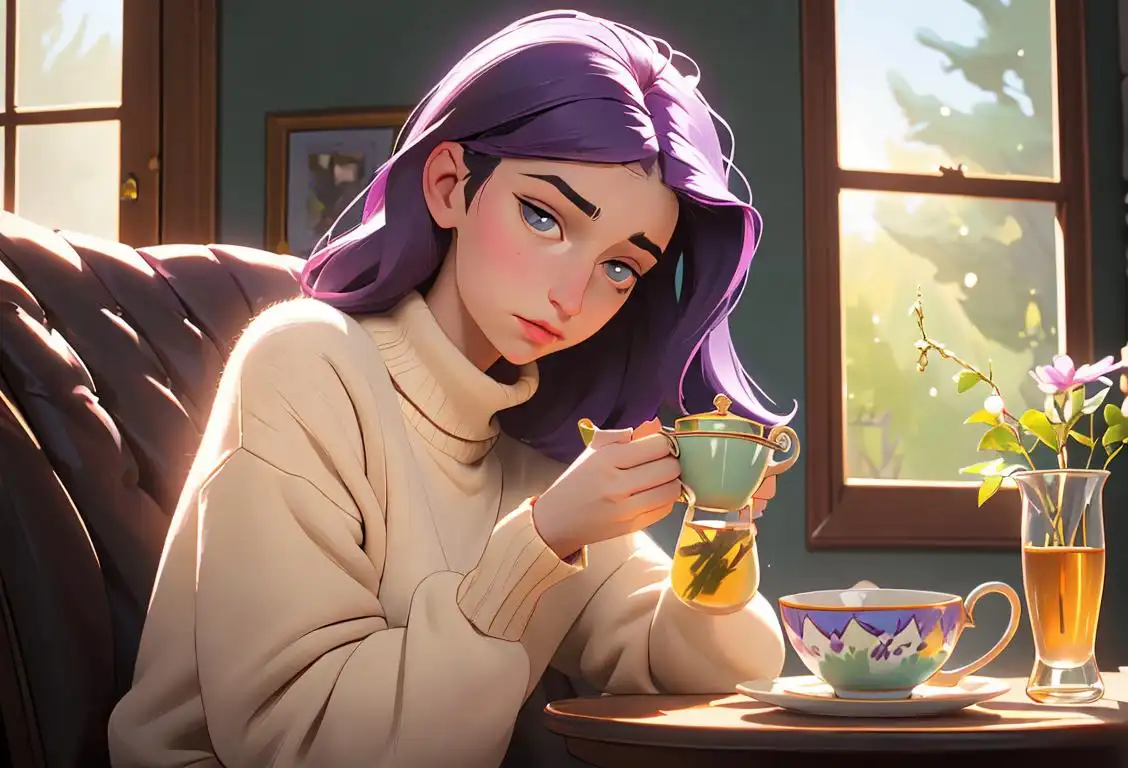 Young woman wearing a cozy sweater, holding a fibromyalgia ribbon, surrounded by fluffy pillows and a cup of herbal tea..