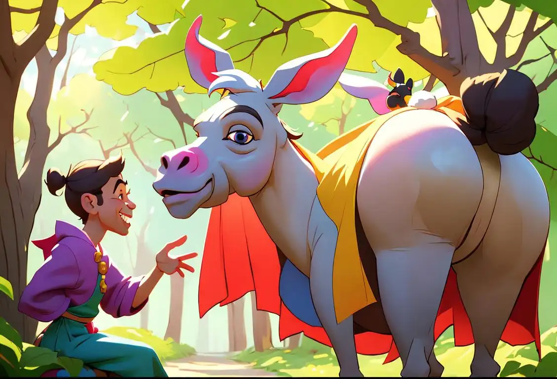 A cheerful person engaging in a conversation with a smiling donkey, both dressed in colorful attire, in a whimsical fairytale forest setting..