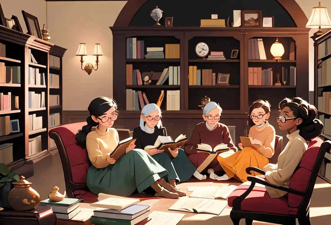 A diverse group of people sitting in a cozy library, engrossed in their favorite books. Some are wearing comfy sweaters, others have stylish glasses and unique hairstyles. The scene is filled with warm lighting and shelves overflowing with books..